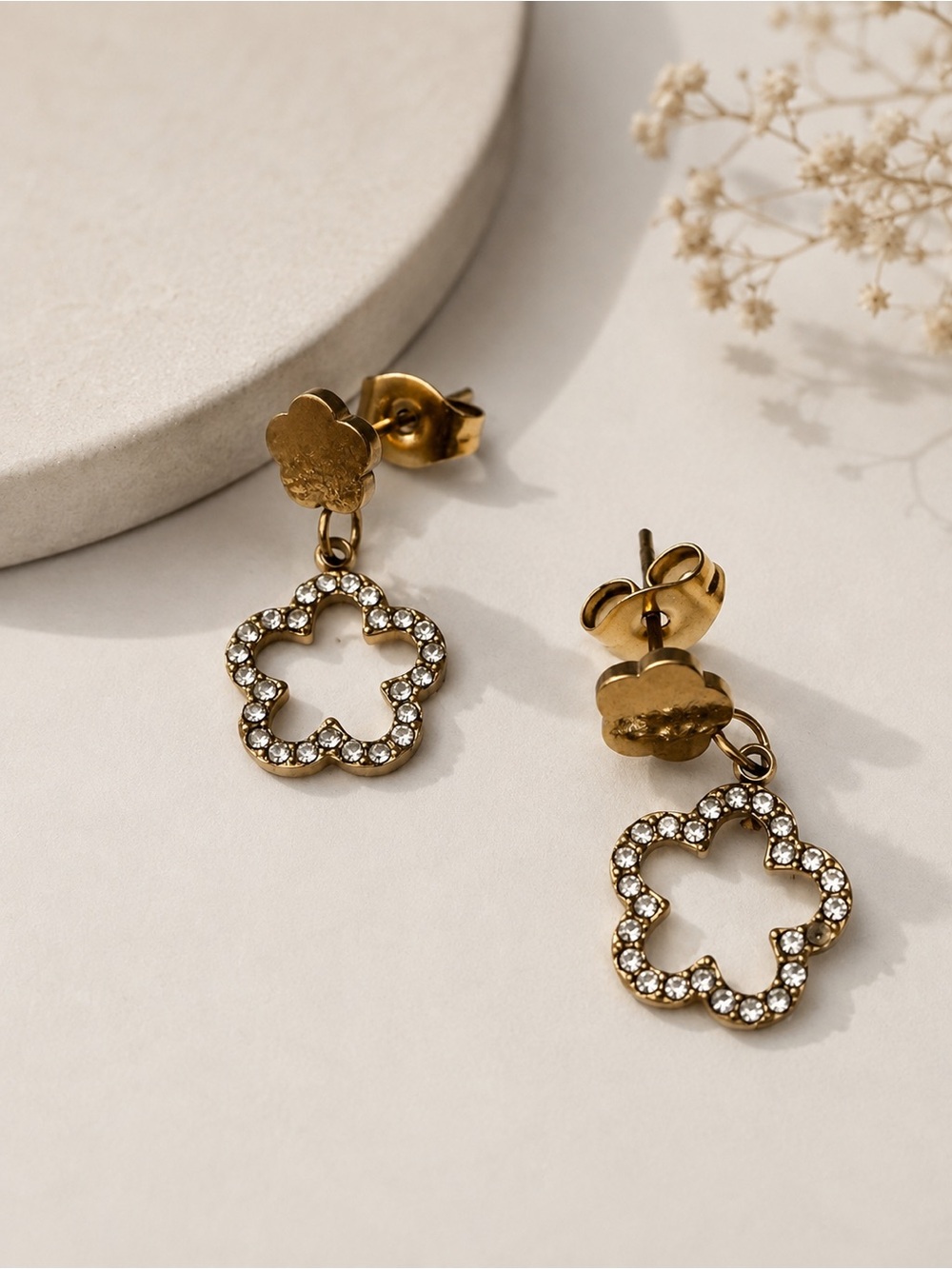 Gold Plated Floral Crystal Drop Earrings - Women Jewelry stainless steel
